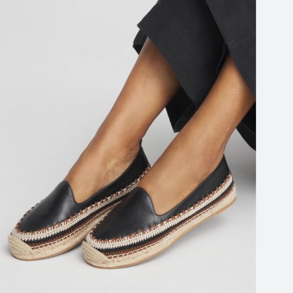 Chico's Black Leather Espadrille-Style Loafers with Braided Trim